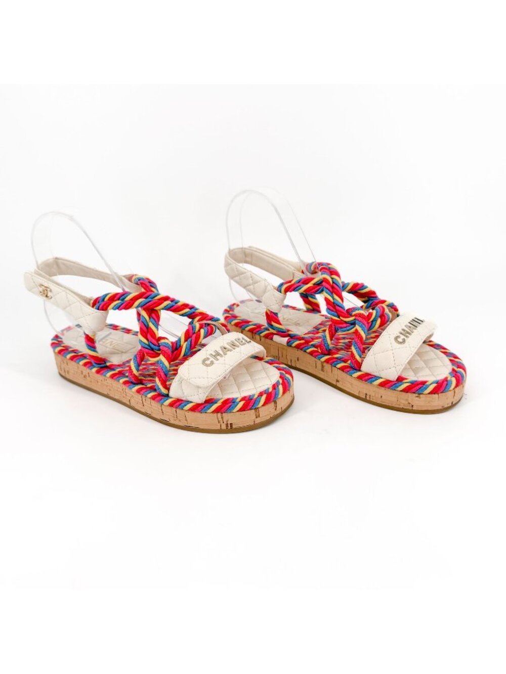 Chanel CC Logo Rope Platform Sandals Red Multicolor Cork Size 37 US 6-6.5 Women